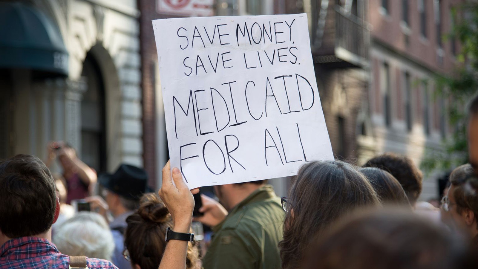 A rally in support of Medicaid expansion in New York in this file photo. Wyoming legislators have repeatedly rejected Medicaid expansion.