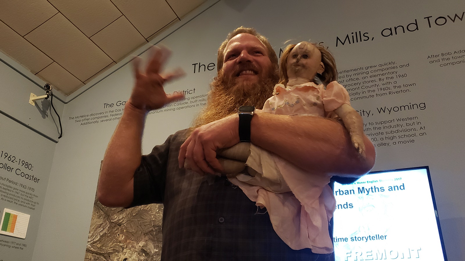 Alma Law with the Riverton Museum's creepy-looking Amelia doll during a haunted ghost story night.