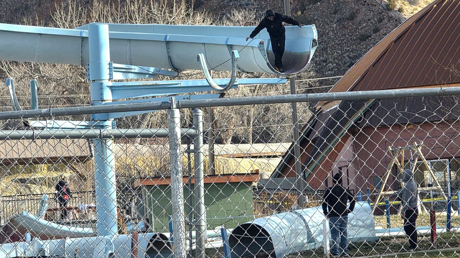 The big blue slide at Hellie's TePee Pools in Thermopolis has been dismatled after 34 years. It was removed to make way for a yet-to-be-announced water feature.