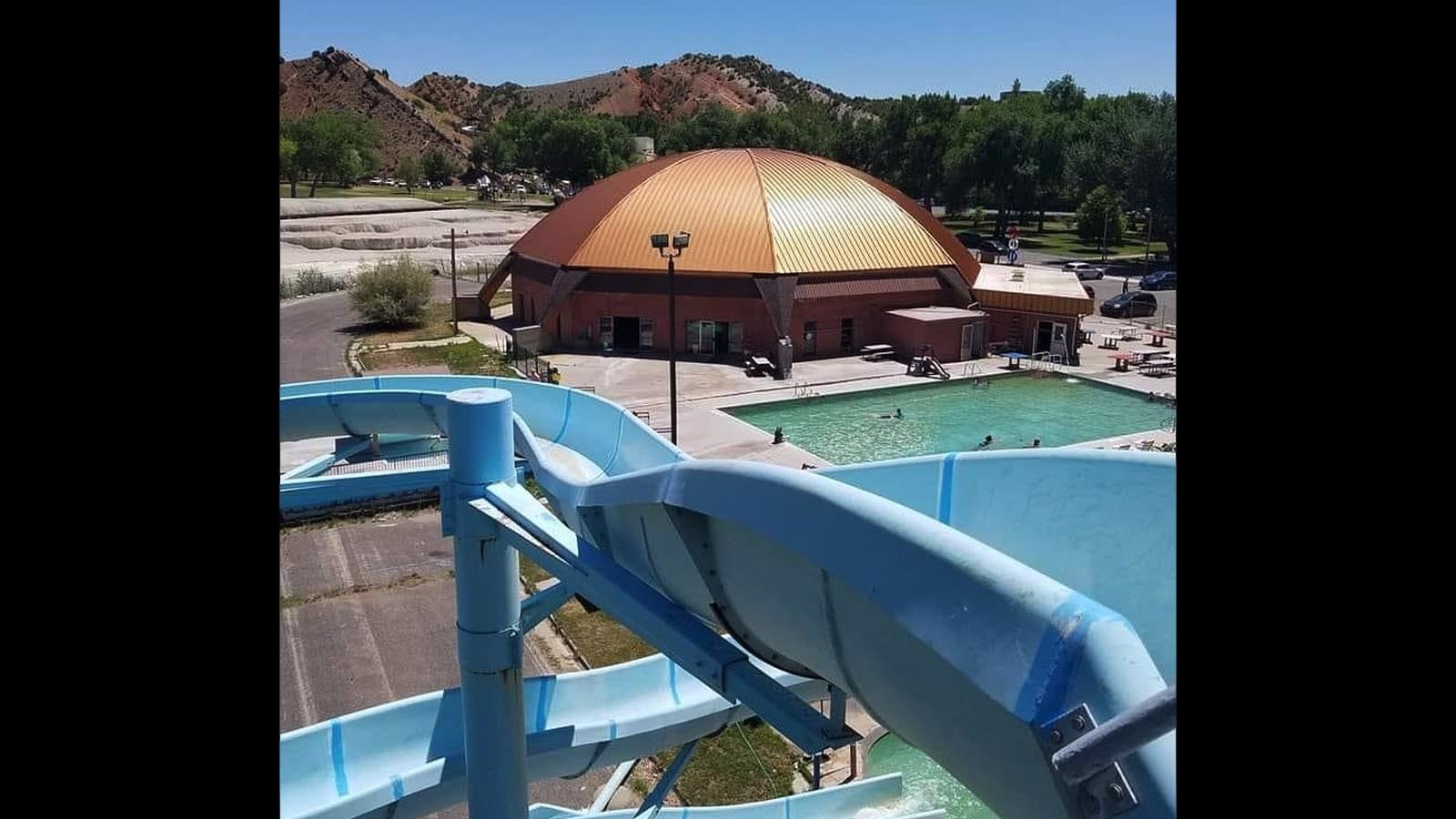 The big blue slide at Hellie's TePee Pools in Thermopolis has been dismatled after 34 years. It was removed to make way for a yet-to-be-announced water feature.