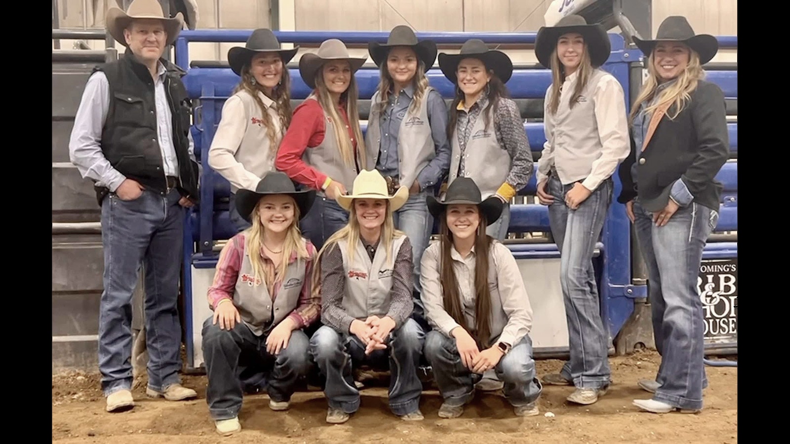 The 2023 Gillette College women's rodeo team, from left, back: head coach Will LaDuke, Haiden Thompson, Staheli Adams, Bradie Crouse, Layni Stevens, Maddie Eskew and assistant coach Casey Sellers. Front: Jaycie West, Erin McGinley and Ellie Bard.