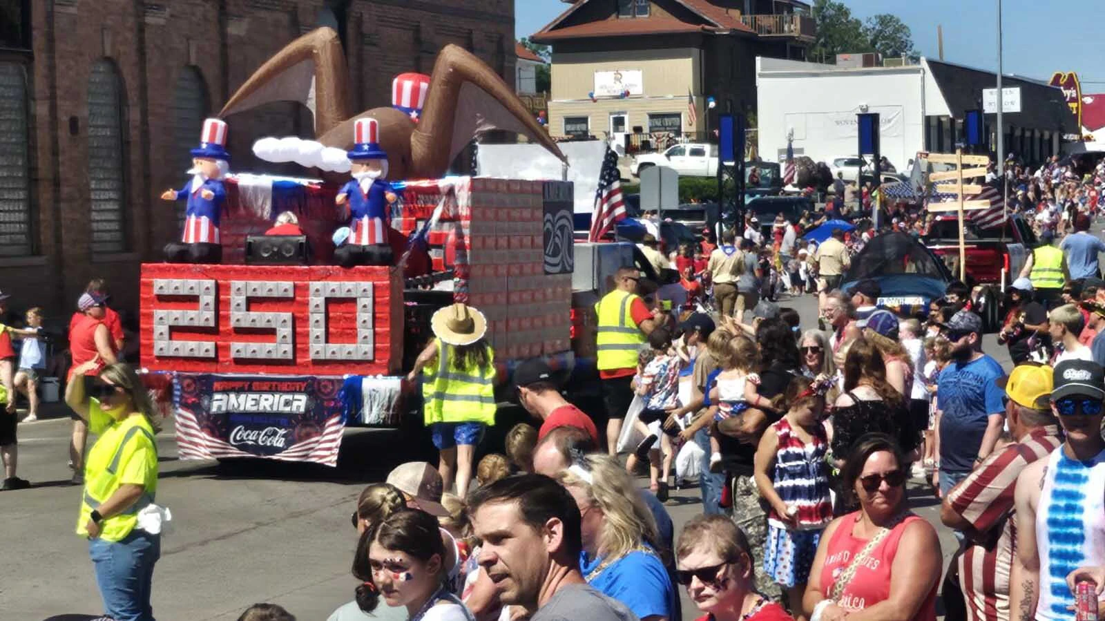 At Gillette's Fourth of July Parade on Saturday. After, most of the town heads over to Bicentennial Park for games, to get sprayed down by the fire department, and eat free hot dogs.