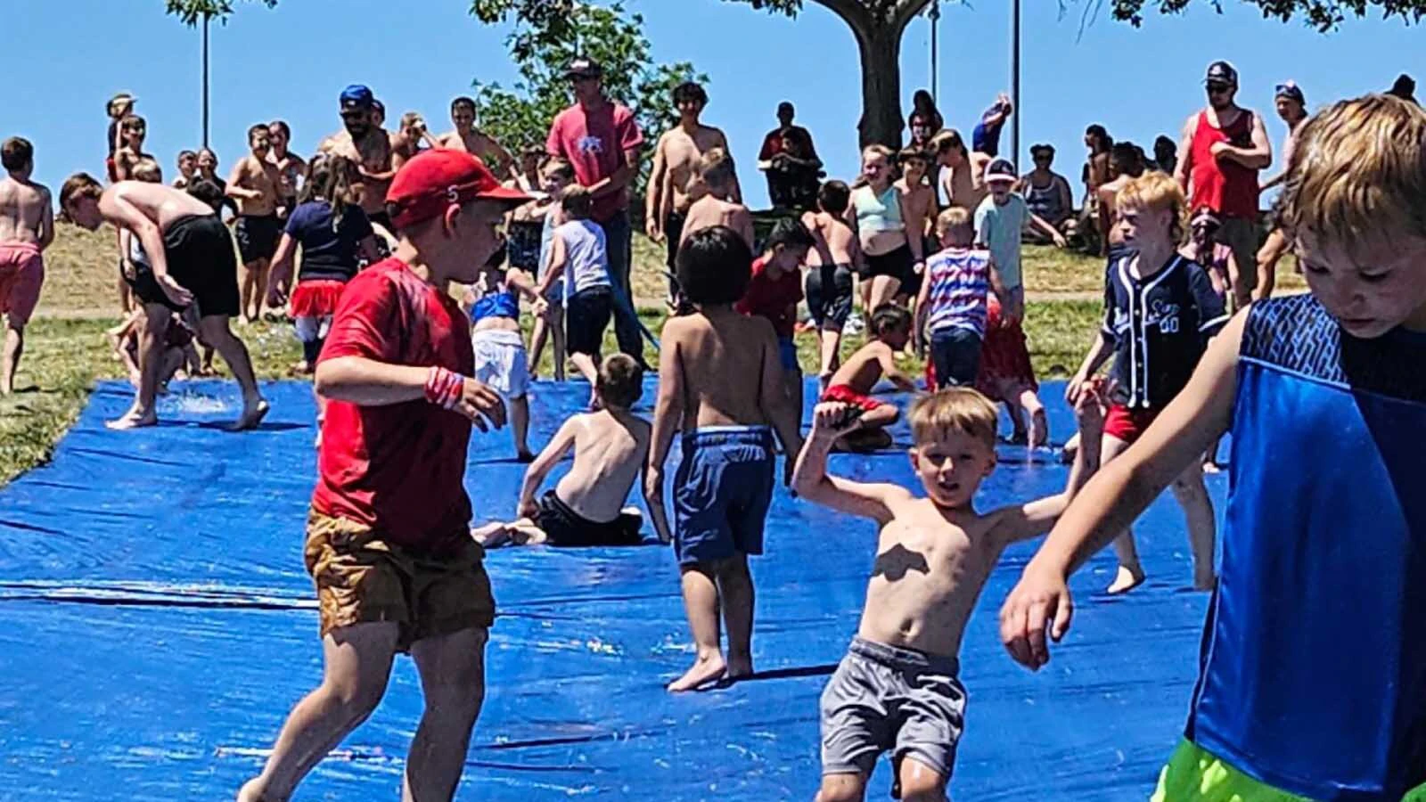 People enjoy a giant slip-n-slide at Bicentennial Park in Gillette to celebrate America's 250th birthday on Saturday, July 4, 2026.