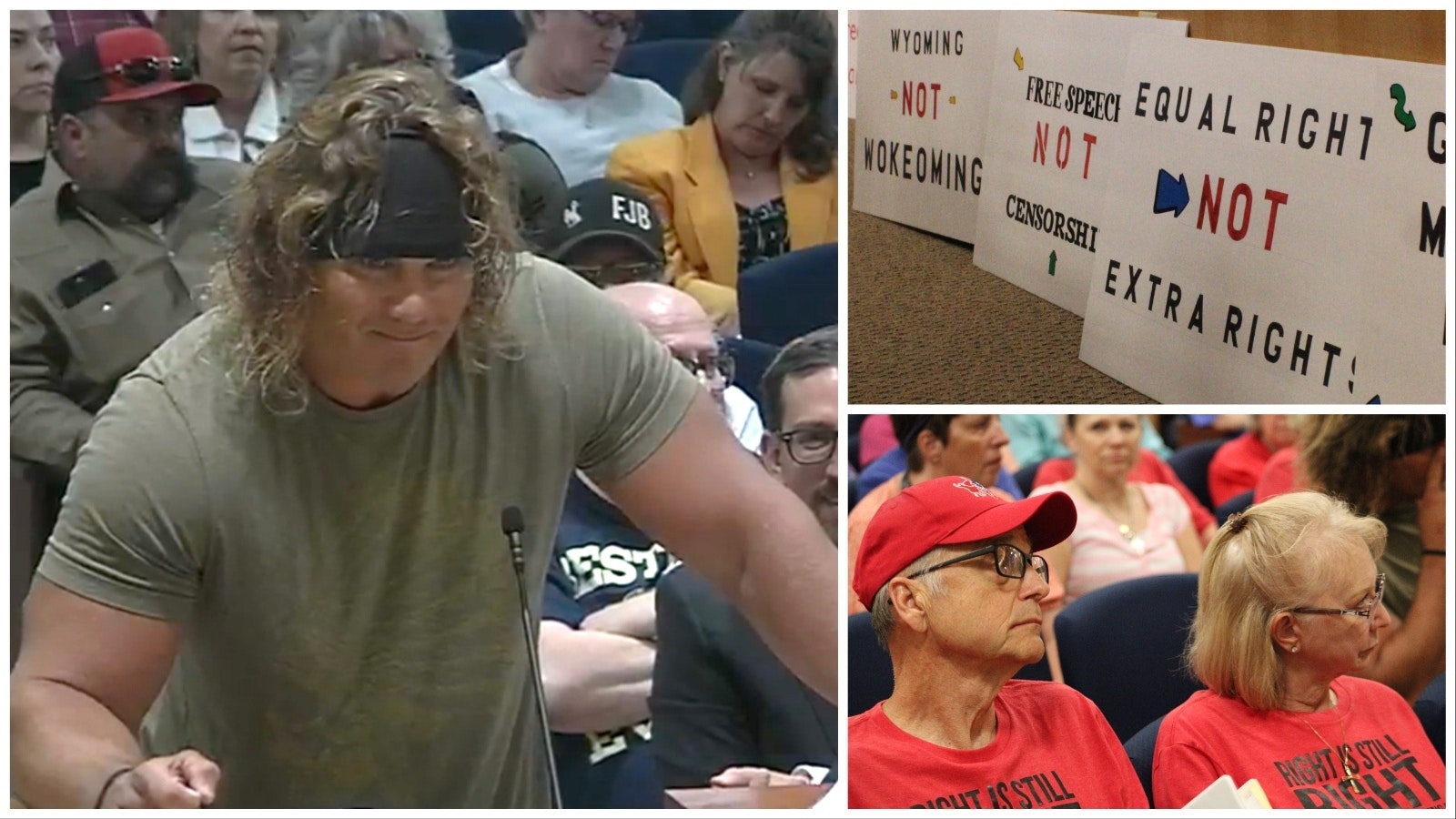 Gillette resident Bob Vomhof, left, gives a quick smile while asking the city council to vote no on an anti-hate crime ordinance. He wasn't alone in his opposition. Many people showed up to Tuesday's meeting with signs. Below right, Ed and Susan Sisti both also spoke against it.