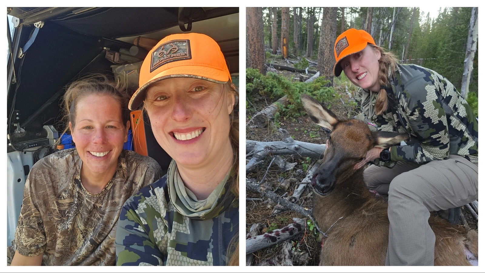 Sarah Eloranta and Jessie Wilson traveled from Wisconsin for a women’s-only elk hunt in the Snowy Range mountains near Centennial, Wyoming. Right, Wilson dropped this cow elk in thick timber in the Snowy Range mountains.