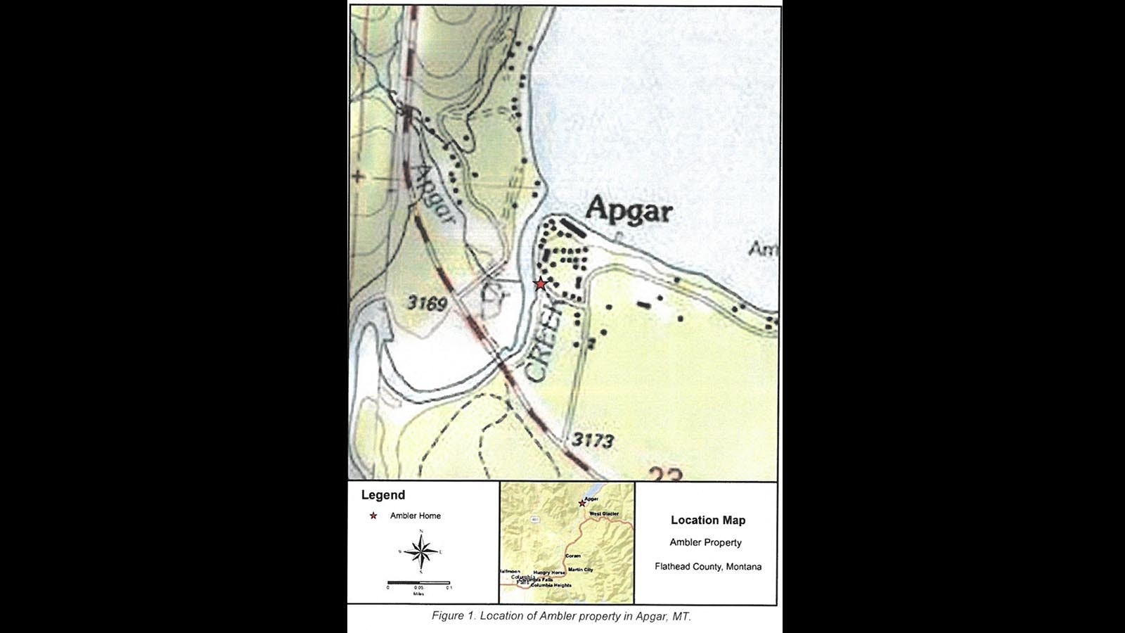 The village of Apgar, where the red star shows the location of the John and Stacy Amblers’ home.