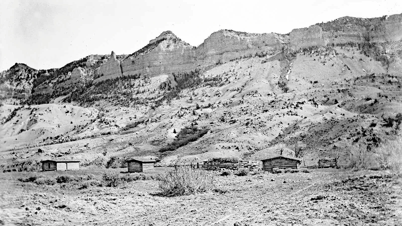 John Thurmond's house, corral and other buildings on Thurmond Ranch with Sheep Mountain in the background.