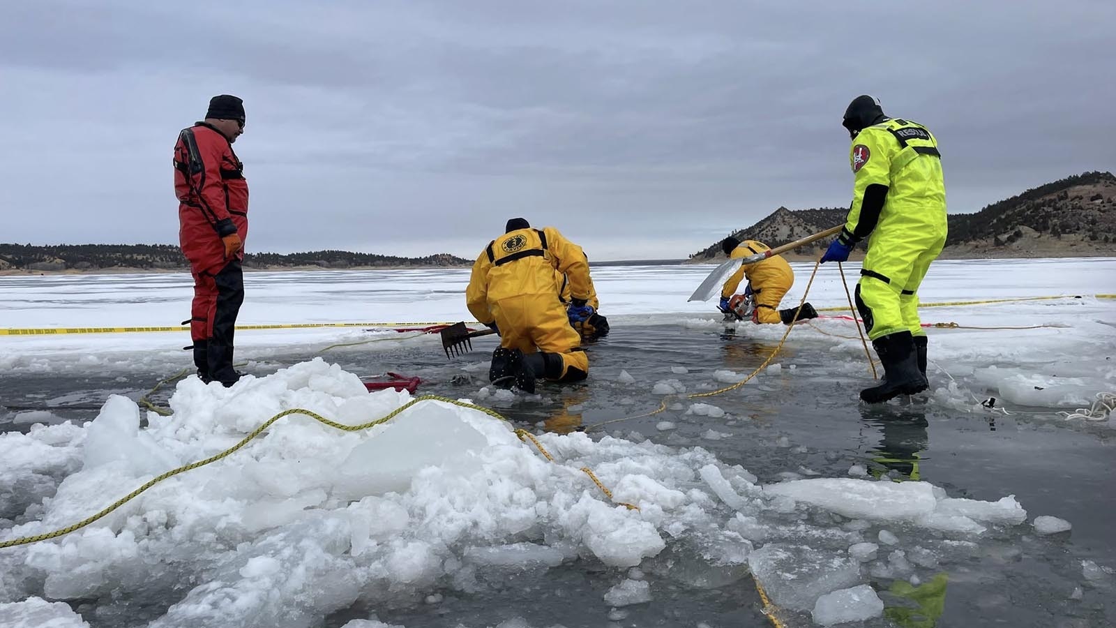 A multi-agency rescue effort was launched Saturday and continued Sunday to recover an ATV with two people inside that had broken through the ice of Glendo Reservoir.