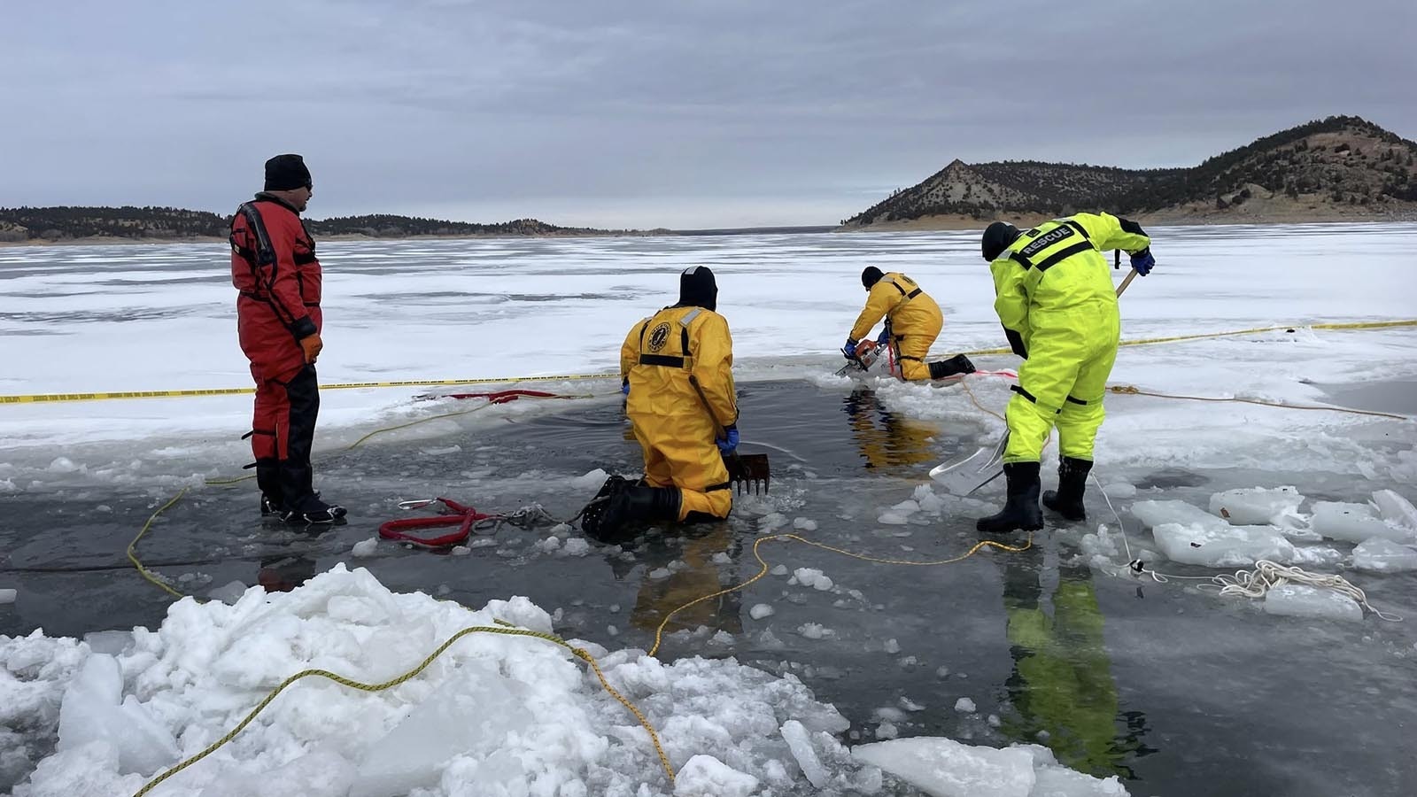 A multi-agency rescue effort was launched Saturday and continued Sunday to recover an ATV with two people inside that had broken through the ice of Glendo Reservoir.