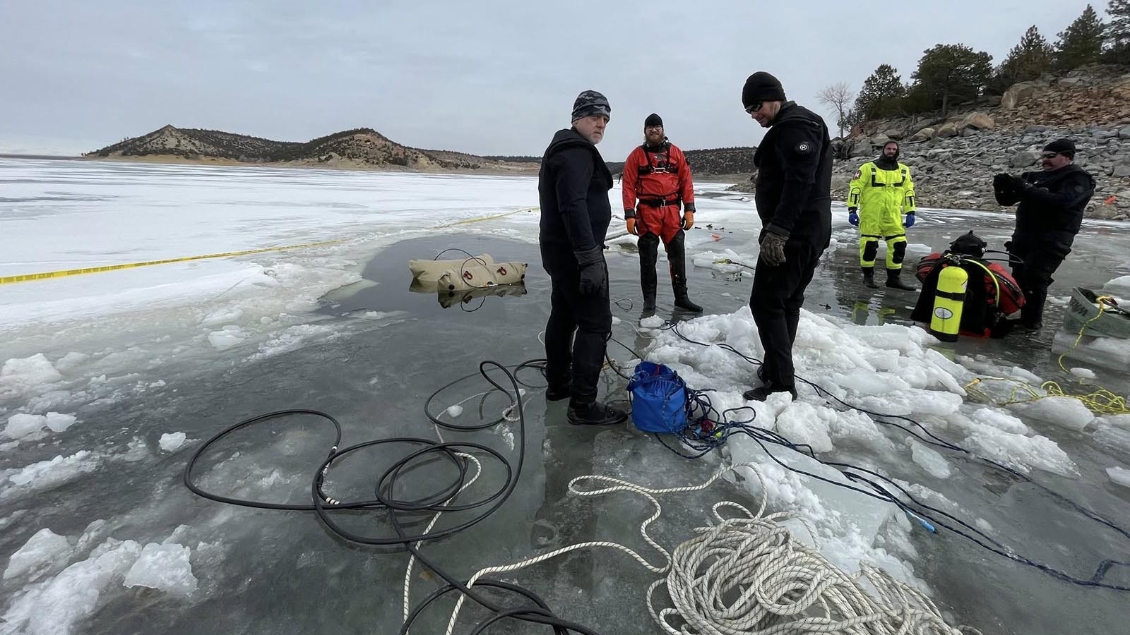 A multi-agency rescue effort was launched Saturday and continued Sunday to recover an ATV with two people inside that had broken through the ice of Glendo Reservoir.