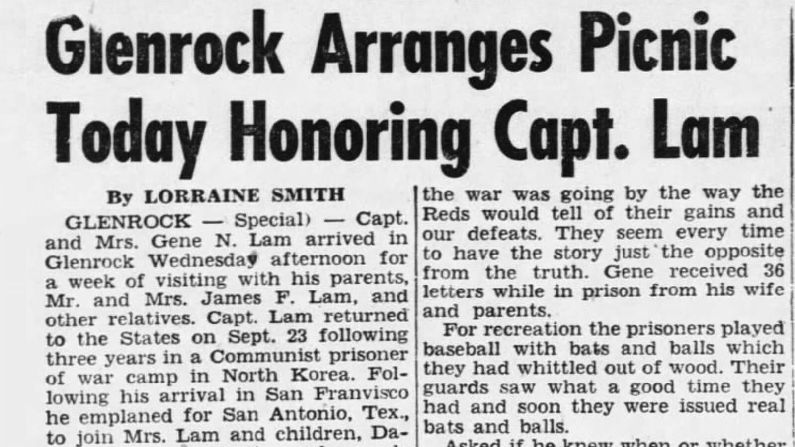 The Casper Tribune-Herald promoted the Glenrock picnic honoring Capt. Gene Lam, M.D., in its Oct. 18, 1953, edition.