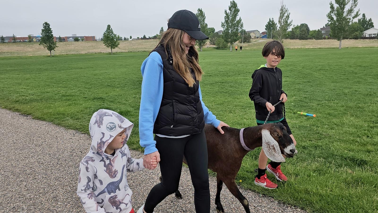 From left, Andreas, Lindsey and Javier Garcia walk a goat named Eve around Sun Valley Park. That's all it took for Javier to tell his mom, "I'm really attached to this goat!"