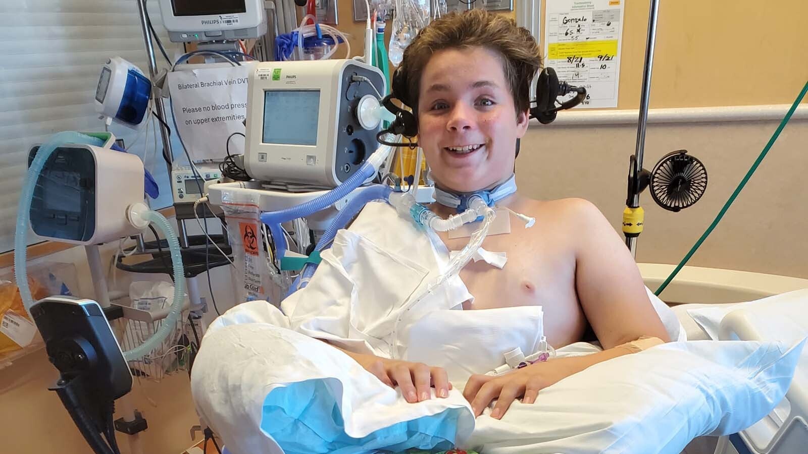 Gonzalo Anzurez in a Denver-area hospital during a six-month recovery from a vehicle accident Aug. 1, 2024.