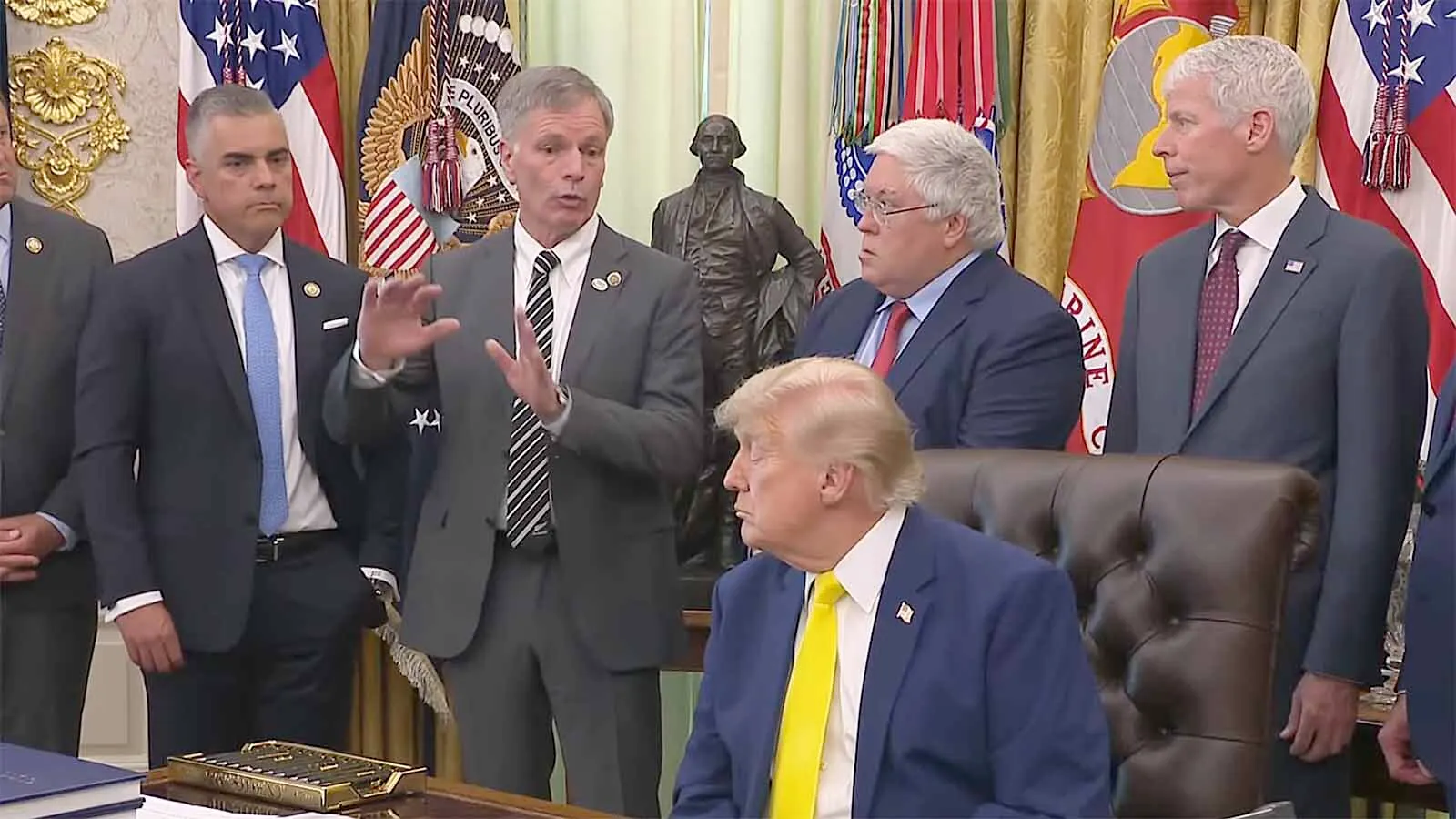 Wyoming Republican Gov. Mark Gordon, second from left, joined President Trump in Washington, D.C., on Thursday as the president allocated $700 million in public money for the coal industry. 
