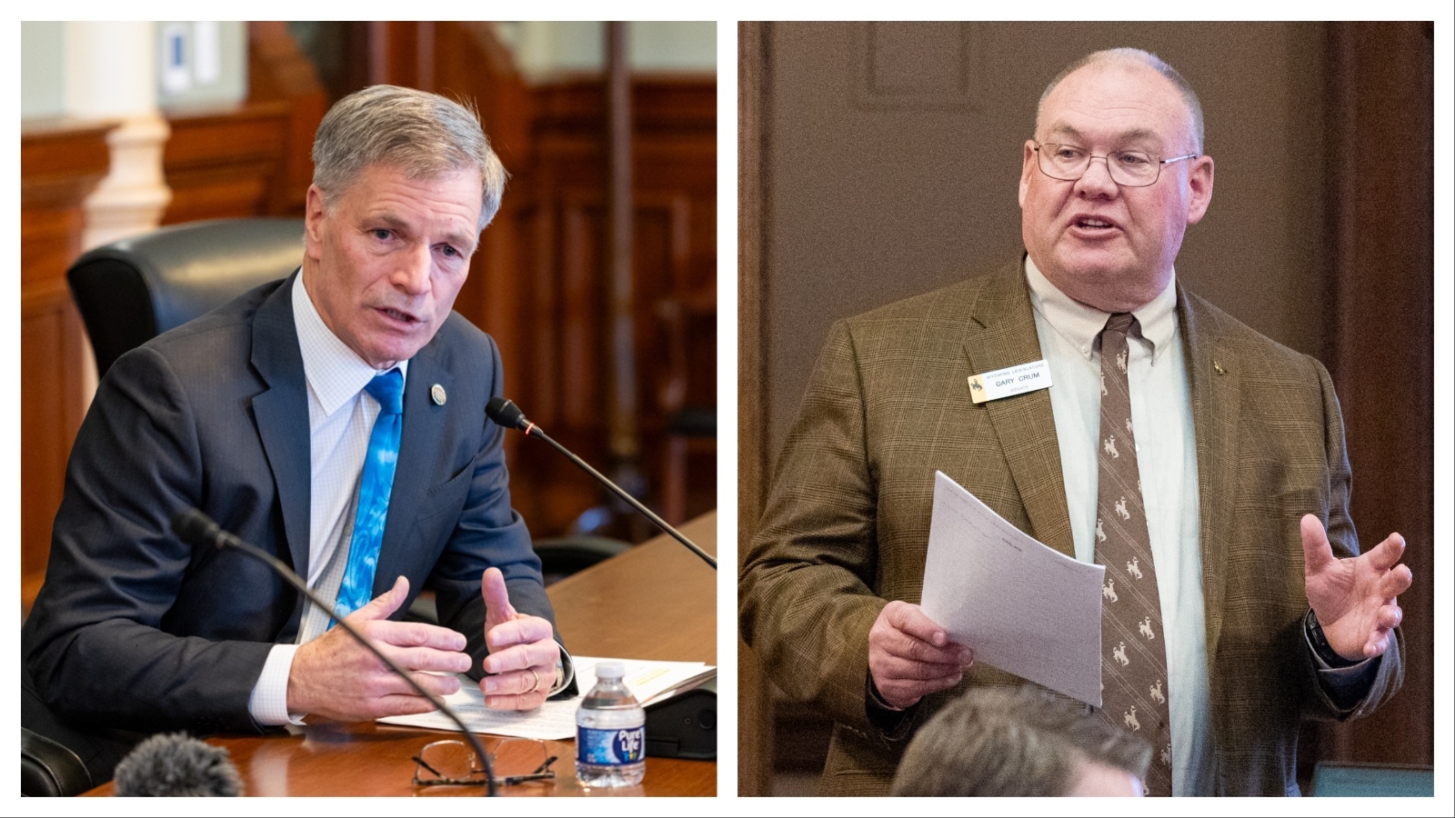Gov. Mark Godon, left, and state Sen. Gary Crum, R-Laramie.