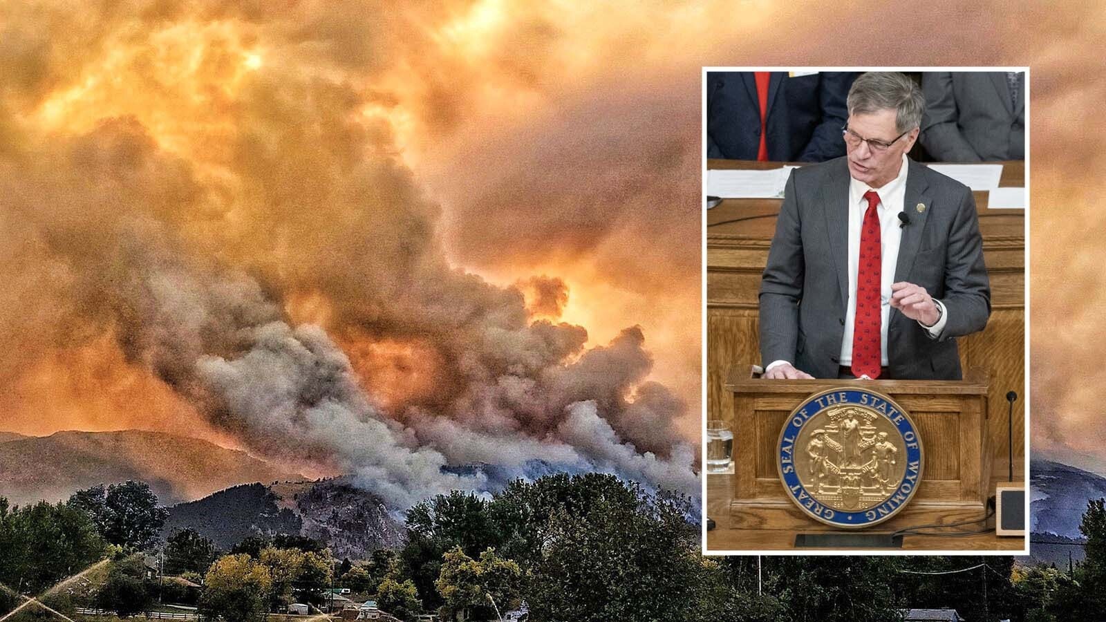 The small, rural Wyoming town of Dayton could only watch and pray as the Elk Fire burns across the mountain face of the Bighorns above in this October 2024 file photo. Gov. Gordon is fighting for money to help relieve people impacted by this past summer's wildfires.