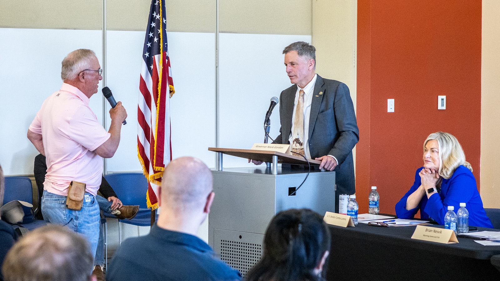 Butch Knutson, Campbell County commissioner, questions Gov. Mark Gordon and a panel at the Campbell County Federal Overreach Town Hall in Gillette on June 25, 2024.