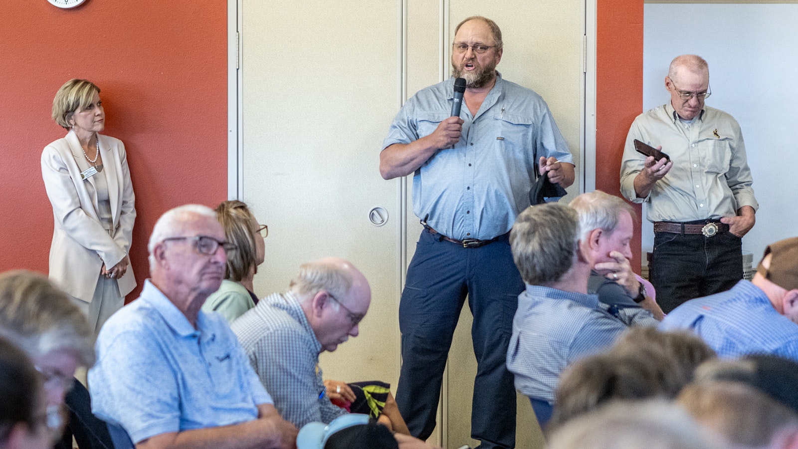 State Rep. Reuban Tarver asks a question during Tuesday’s town hall meeting with Gov. Mark Gordon in Gillette.