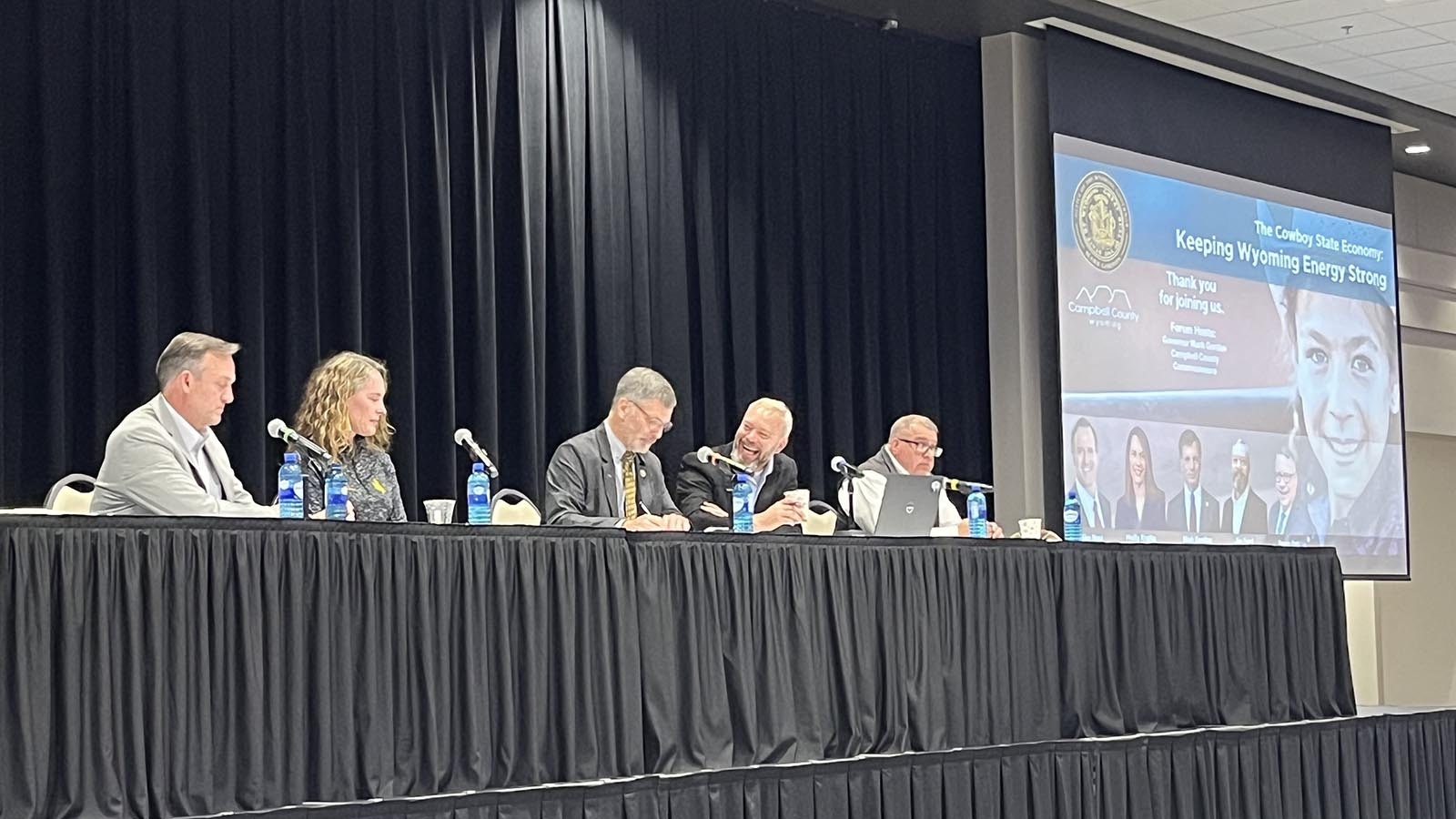 Gov. Mark Gordon’s panel on Tuesday included energy attorney Mike Nasi (left to right), UW School of Energy Resources Executive Director Holly Krutka, Campbell County commissioner Jim Ford and Executive Director of the Wyoming Mining Association Travis Deti.