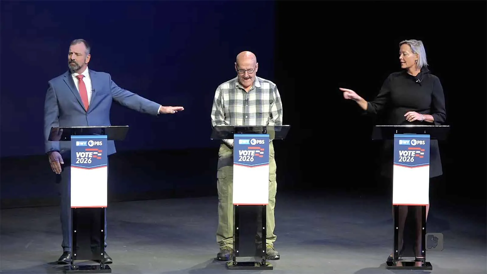 The candidates for Wyoming governor debate Tuesday, Oct. 14, 2026, at Riverton High School. They are, from left, Republican Eric Barlow, Democrat Kenneth Casner, and Constitutionalist Rebecca Bextel.