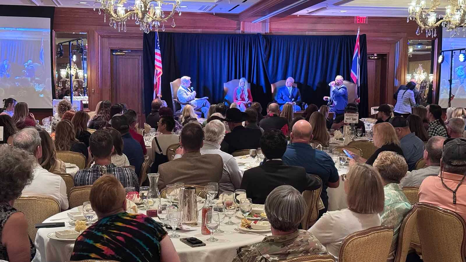 Greater Cheyenne Chamber of Commerce Chair Tim Thornell, from left, with Wyoming Republican gubernatorial hopefuls Megan Degenfelder, Bren Bien and Eric Barlow.