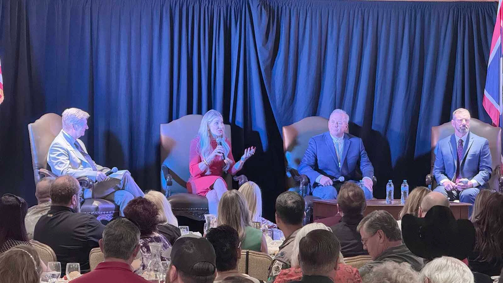 Greater Cheyenne Chamber of Commerce Chair Tim Thornell, from left, with Wyoming Republican gubernatorial hopefuls Megan Degenfelder, Bren Bien and Eric Barlow.