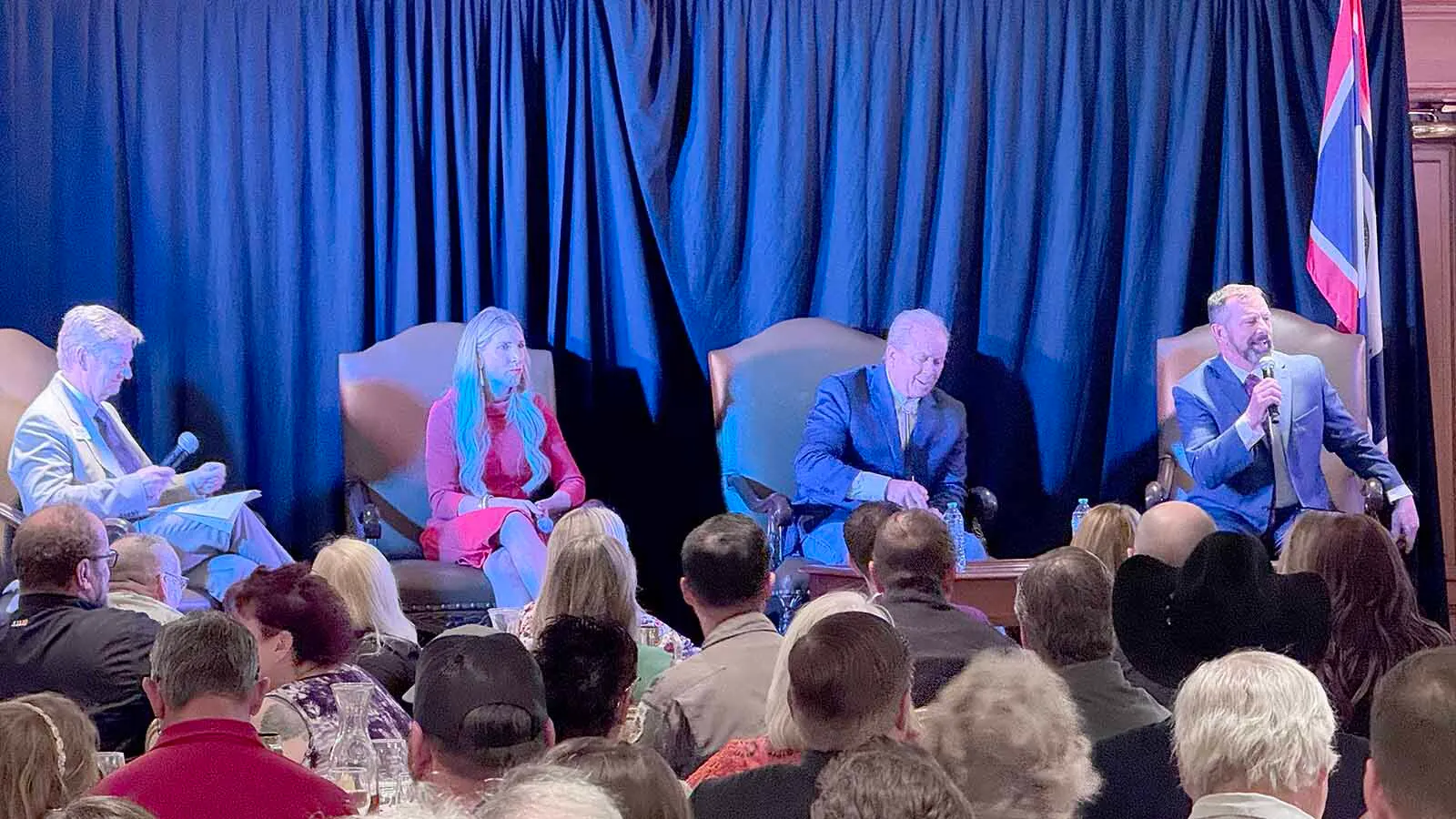 Greater Cheyenne Chamber of Commerce Chair Tim Thornell, from left, with Wyoming Republican gubernatorial hopefuls Megan Degenfelder, Bren Bien and Eric Barlow.