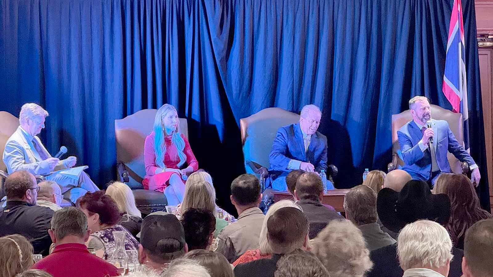 Greater Cheyenne Chamber of Commerce Chair Tim Thornell, from left, with Wyoming Republican gubernatorial hopefuls Megan Degenfelder, Bren Bien and Eric Barlow.