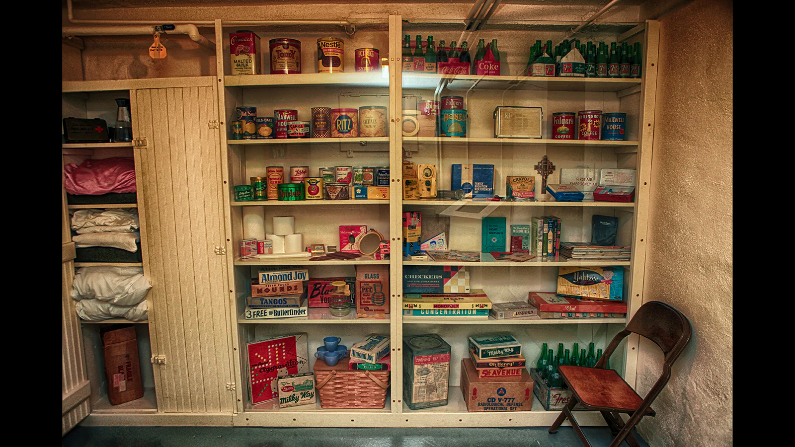 Featured in the basement of the historic Wyoming Governor’s Mansion is a Cold War bomb shelter complete with food, water, toiletries, and bedding. Rooms such as this were commonplace during the Cold War.