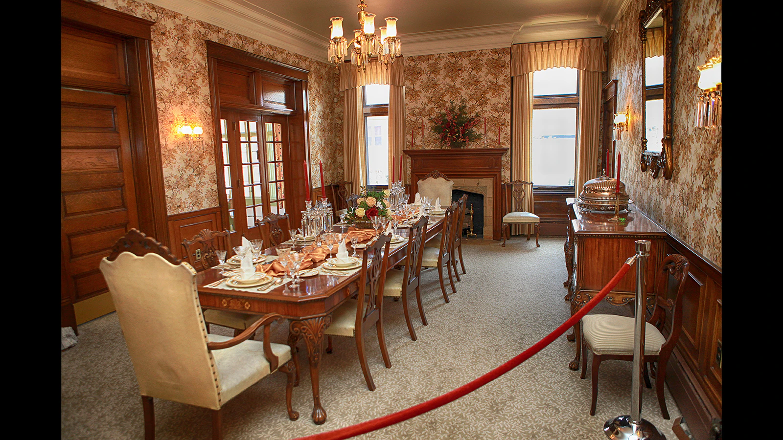 The dining room of the historic Wyoming Governor’s Mansion remains set for a state dinner, complete with original furniture and cutlery. The home has been host to family dinners, formal state events and dignitaries from around the country.