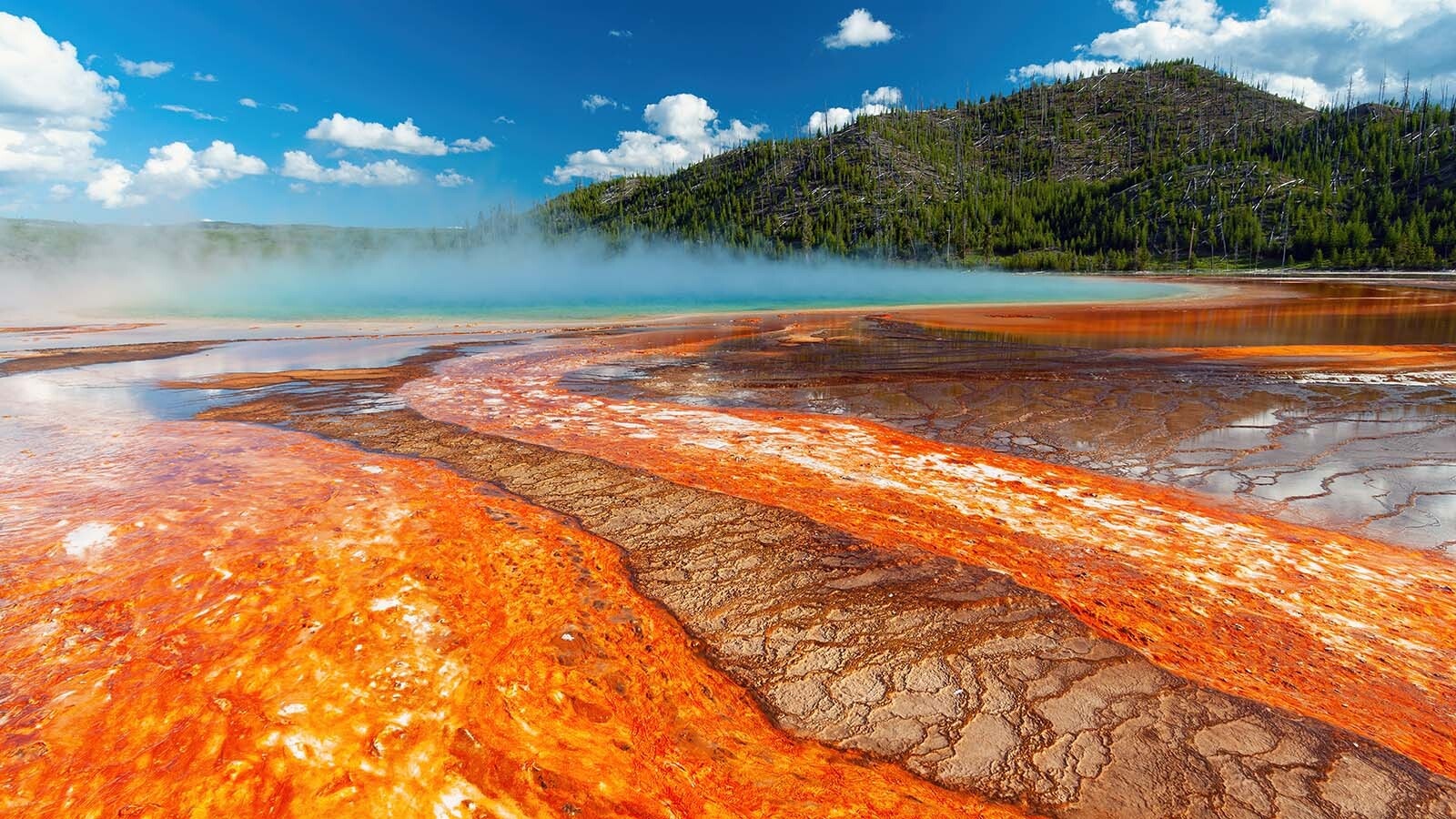 The root section of Grand Prismatic Spring in Yellowstone National Park. There hasn't been a volcanic eruption in Yellowstone National Park for more than 70,000 years. Whenever the next one comes, it’s likely to be a massive lava flow instead of a humanity-ending explosion.