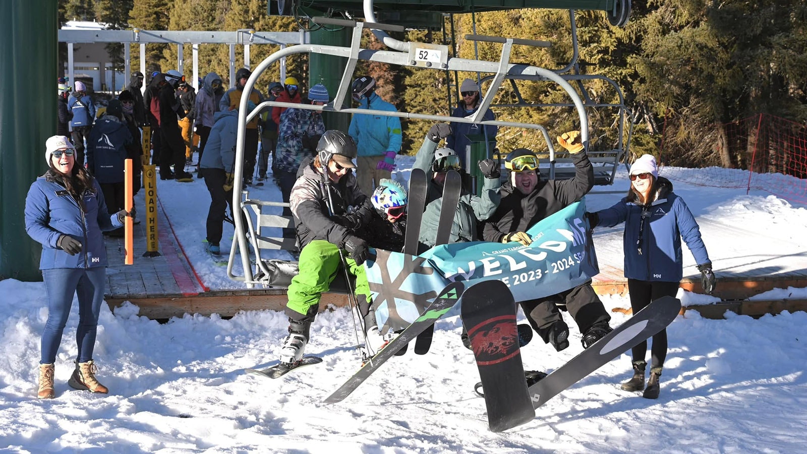 The first lift of skiers is welcomed at the top of the run at Grand Targhee last weekend.