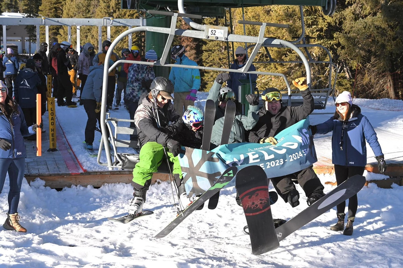 The first lift of skiers is welcomed at the top of the run at Grand Targhee last weekend.