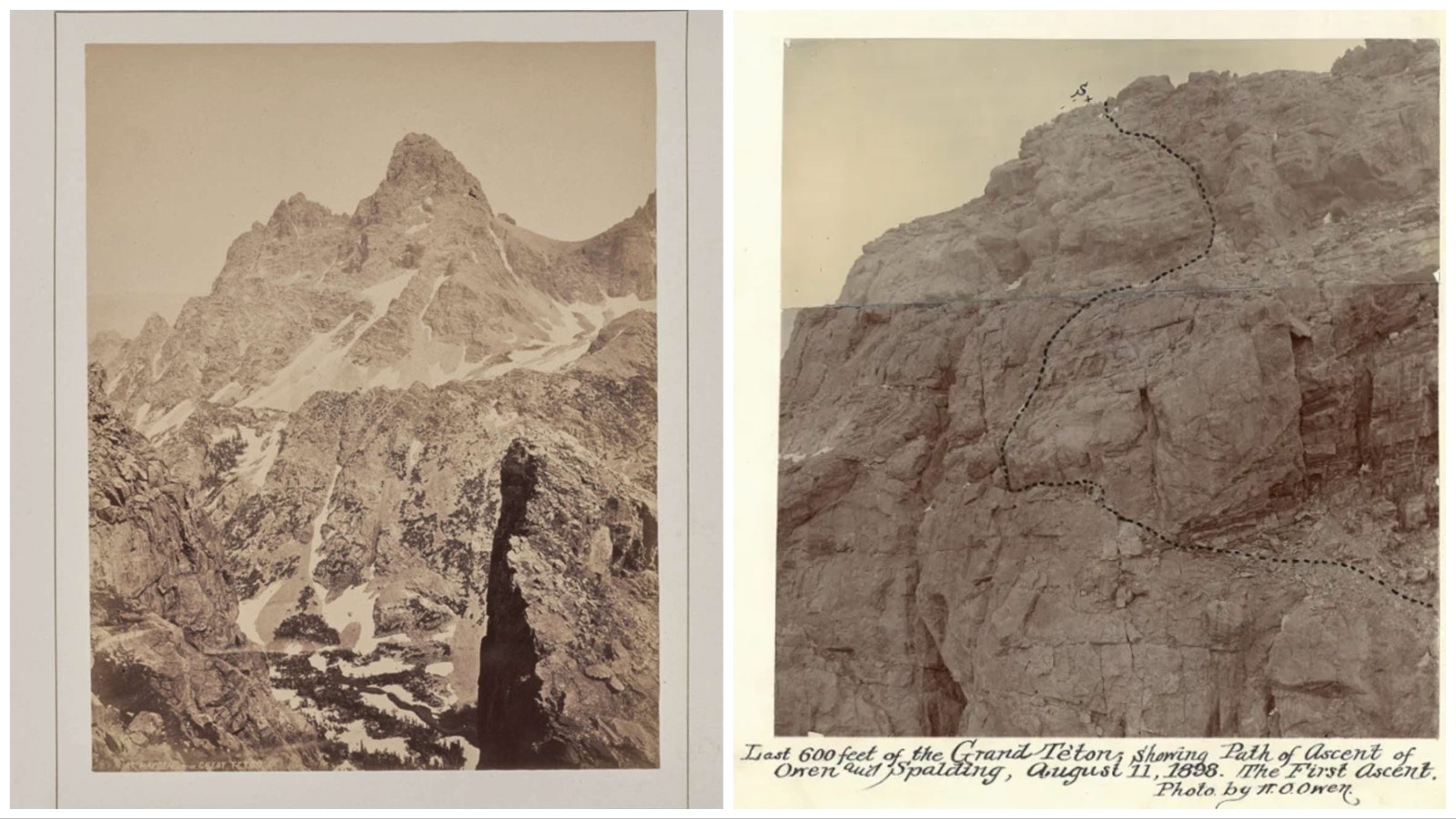Grand Teton from the summit of Table Mountain on the Idaho side taken by Hayden Expedition photographer William H. Jackson in August 1872, left. At right, a Billy Owen photograph showing his party's route of ascent in 1898.