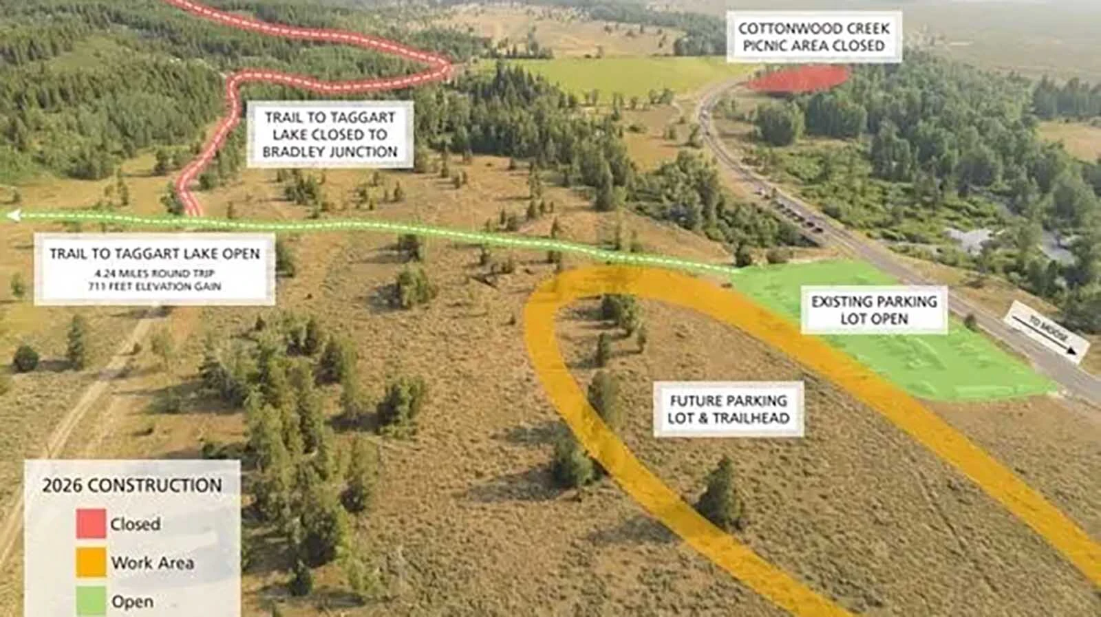An overview of construction for 2026 in the Taggart Lake area.