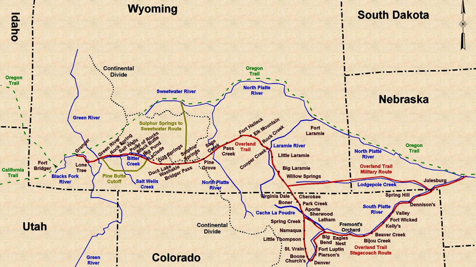This map shows all the overland trails, stage routes and Pony Express route across Wyoming and the region, all converging at Granger, far left.
