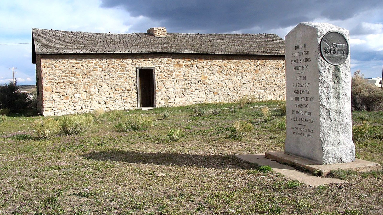 This stone marker shows the Granger Stage Station, first known as the Old South Bend Stage Station built in 1850, was on the Oregon Trail and a Pony Express stop.