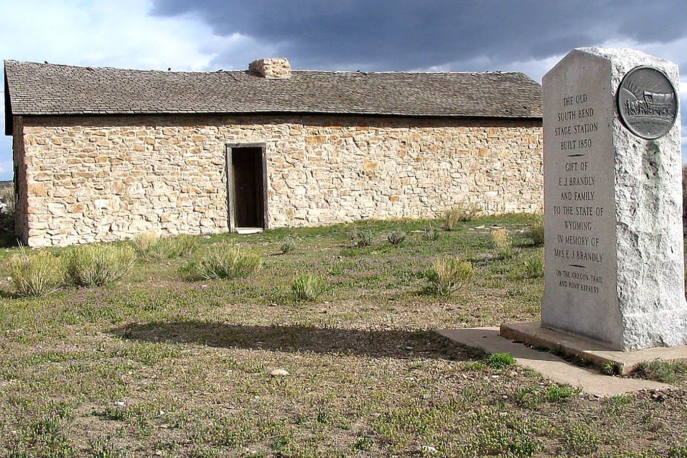 This stone marker shows the Granger Stage Station, first known as the Old South Bend Stage Station built in 1850, was on the Oregon Trail and a Pony Express stop.