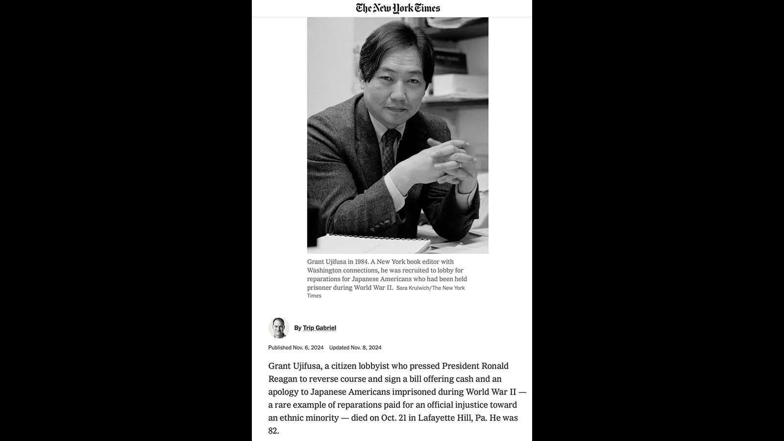 Grant Ujifusa’s death in 2024 was covered by the New York Times.
