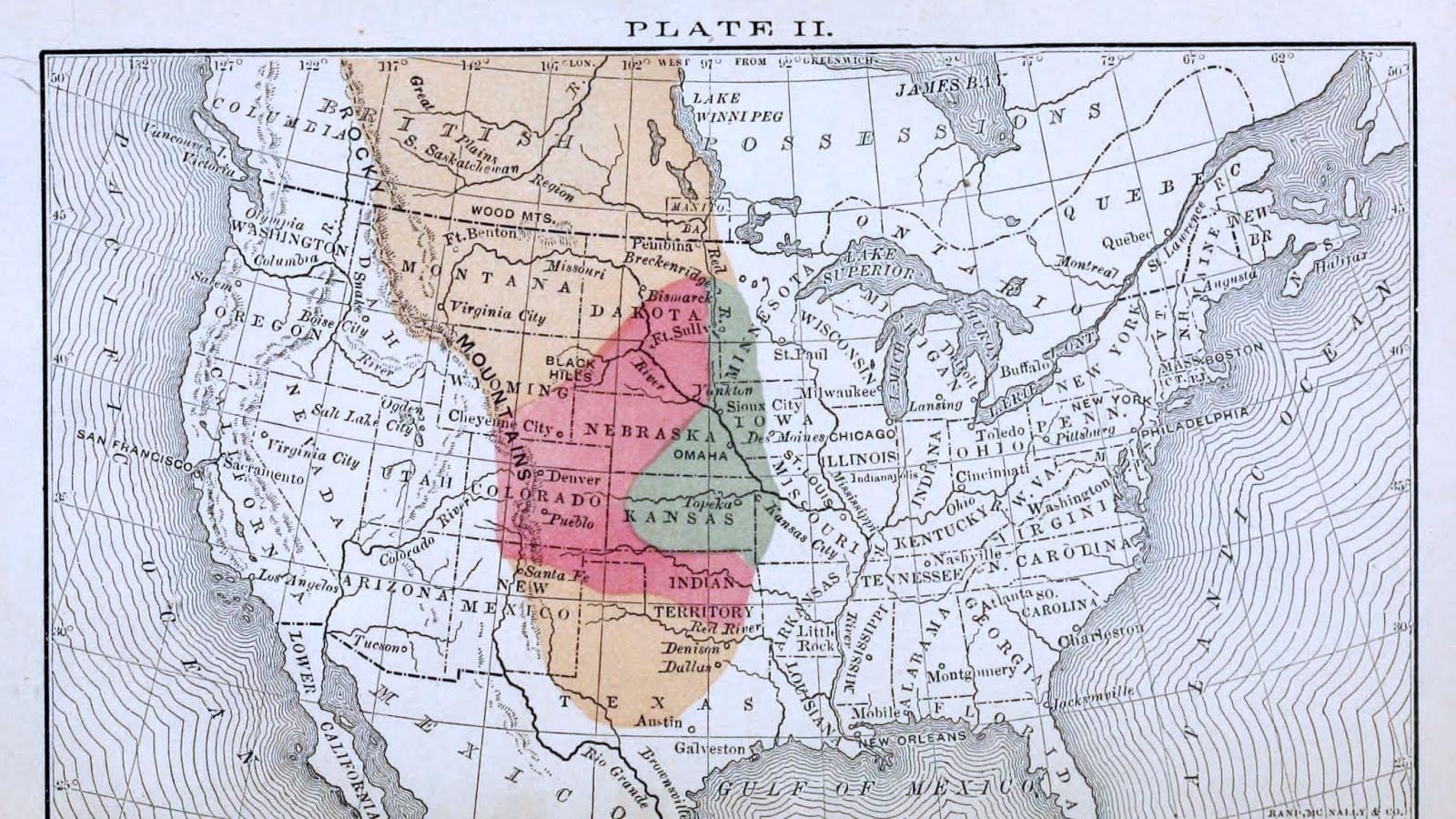 A map from Charles Valentine Riley’s report as of 1877 on damage caused by Rocky Mountain Locusts showed the extent of the locusts reach.