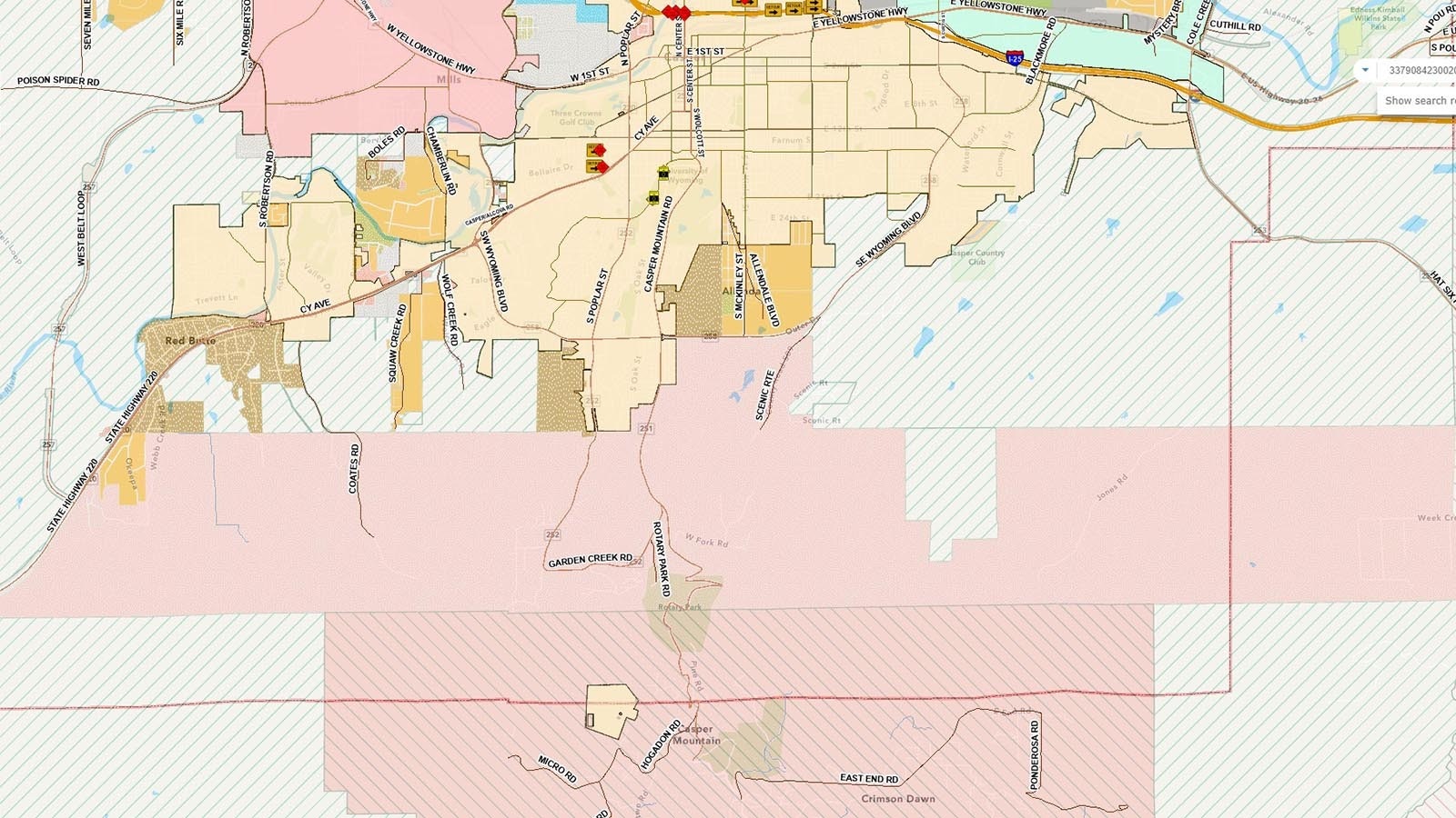 A map from the Natrona County Planning and Zoning office shows the extent of mountain residential zoning in pink that stretches across the base of Casper Mountain.