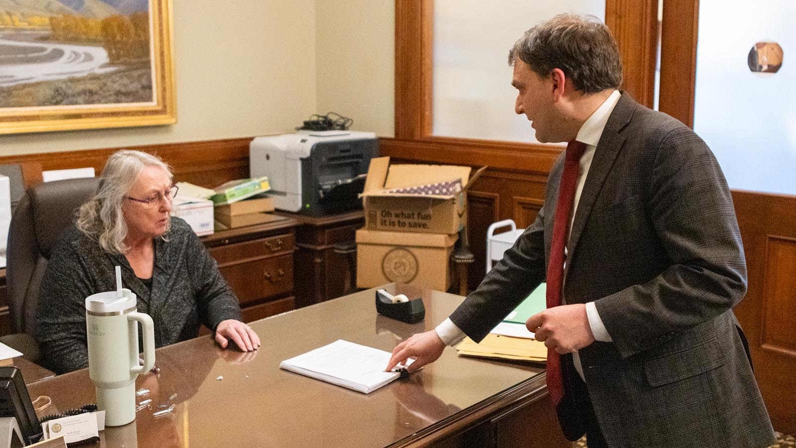 Secretary of State Chuck Gray delivers a request to the state Attorney General's Office to remove the Weston County Clerk from office Monday, March 10, 2025.