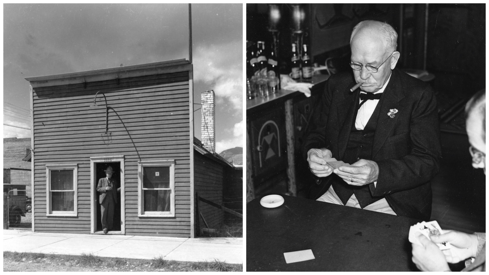 George Beck, one of Cody's founding fathers, directed the building of the Green Front Building, then bought it in 1904 and worked out of it into the 1940s. He's seen at left standing in the doorway and at right playing cards in it (the building housed a famous card game).