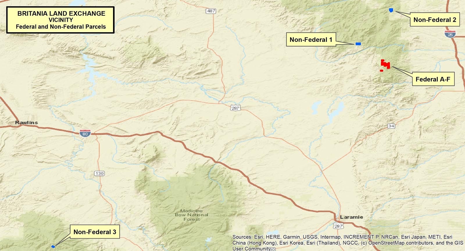 The proposed Britania Land Exchange would trade rugged Forest Service Land in Albany, in red, for two parchels farther to the north and one in the southwest, blue.