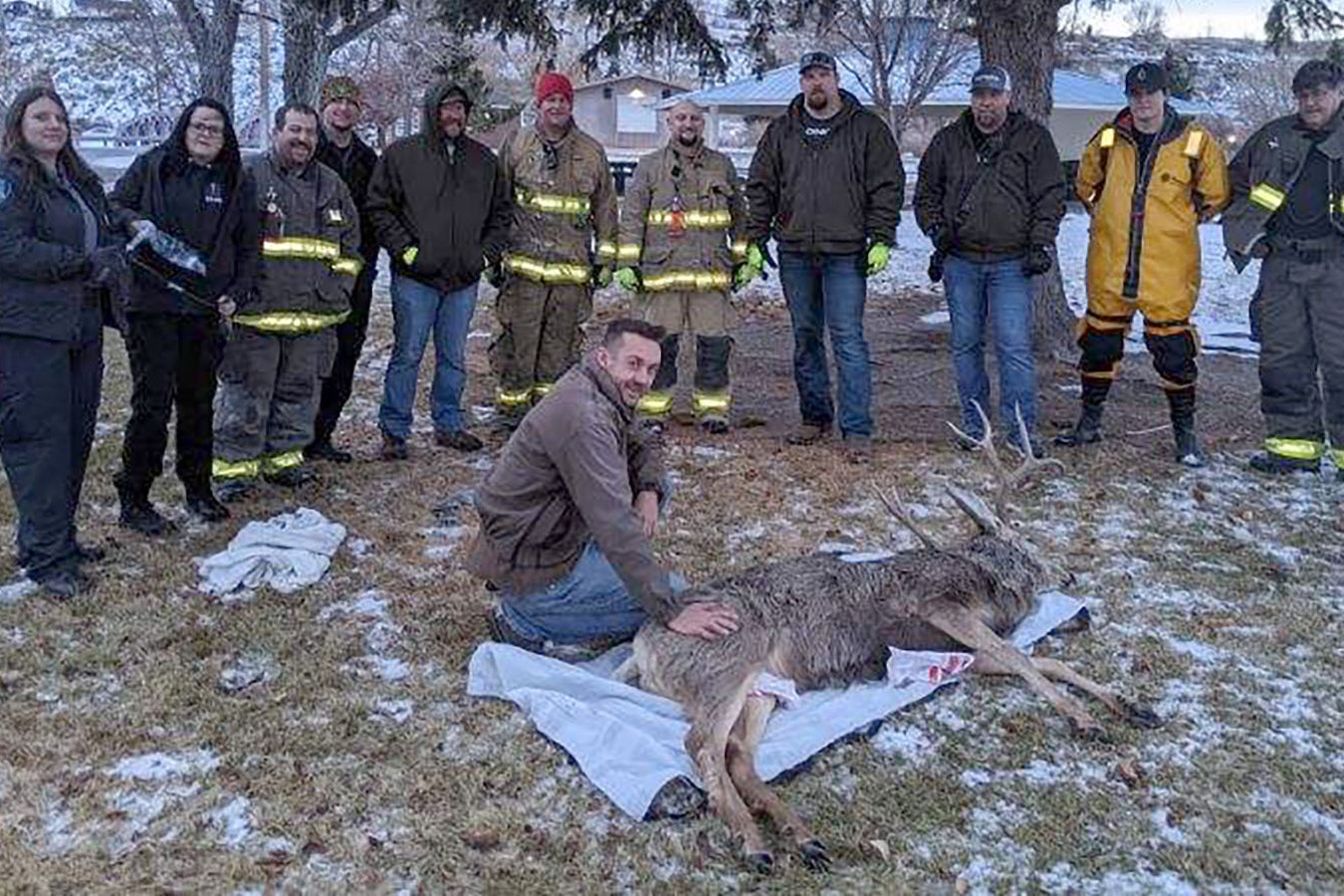 Members of the Green River Fire Department and its Swift Water Rescue Team with a large deer buck that broke through the ice at Expedition Island Sunday afternoon.