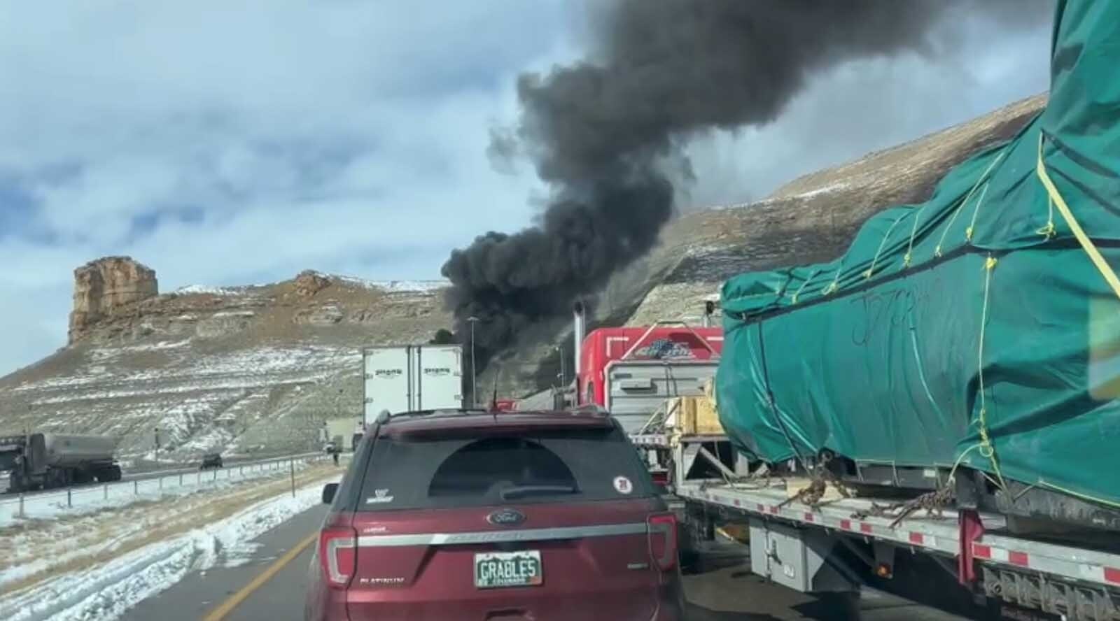 Smoke pouring out of Green River tunnels on I-80 on Friday, February 14, 2025