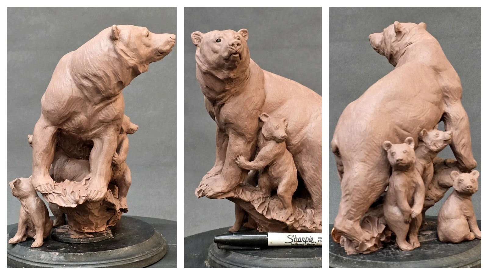 This clay model of a planned bronze sculpture to memorialize Grizzly 399 shows her on all four legs with her famous brood of four cubs huddled underneath her.