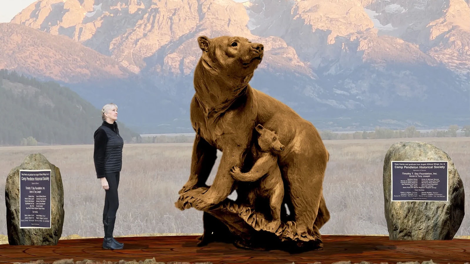 Sculptor Jocelyn Russell and a rendering of how a larger-than-life bronze memorial to Grizzly 399 could look. It features the famous mother bear with her brood of four cubs huddled underneath her.