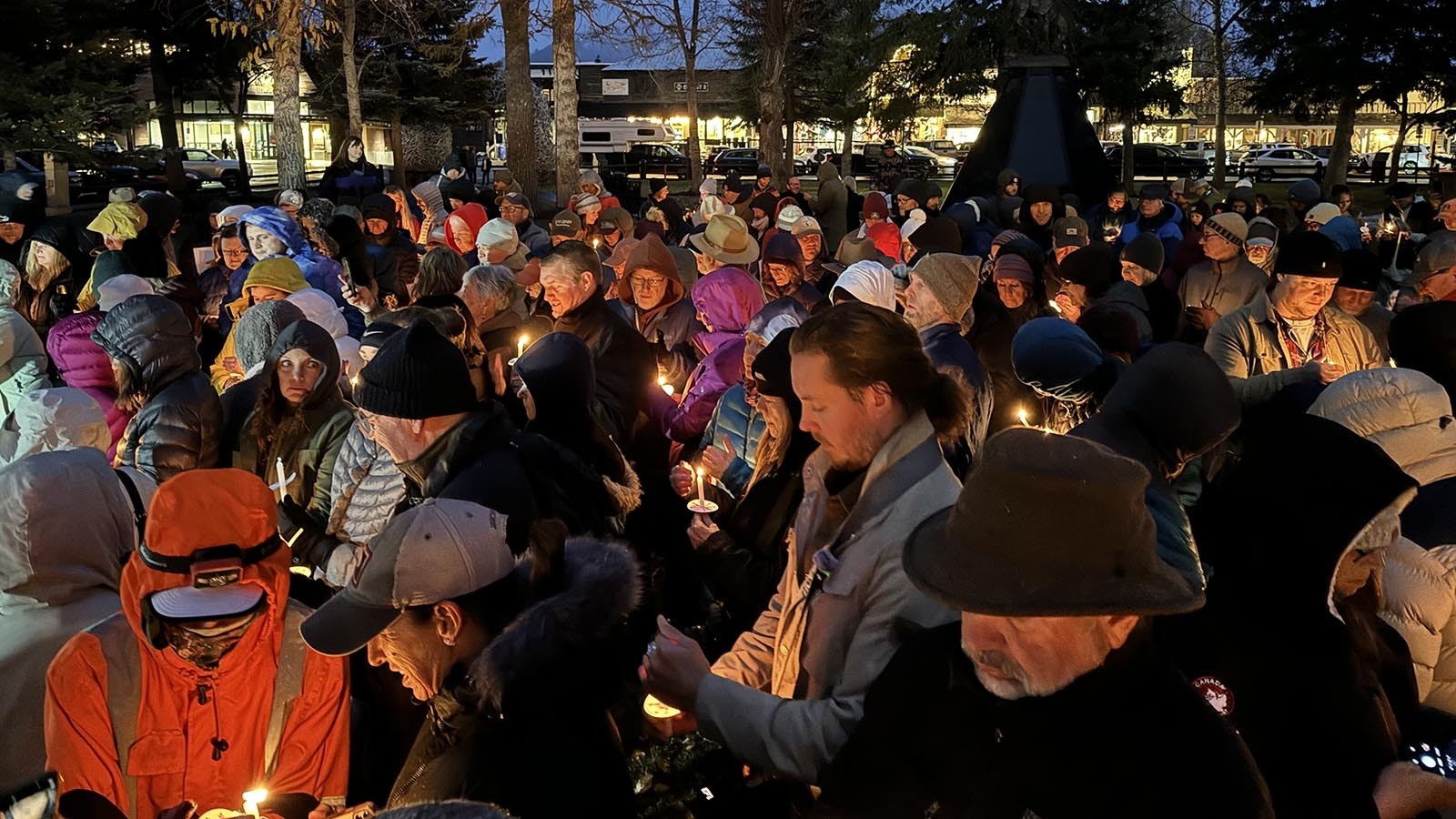 More than 200 people gathered in Public Square in Jackson, Wyoming, on Nov. 2, 2024, for a candlelight vigil and memorial for Grizzly 399, the most famous bear in the world. She was killed when struck by a car Oct. 22.