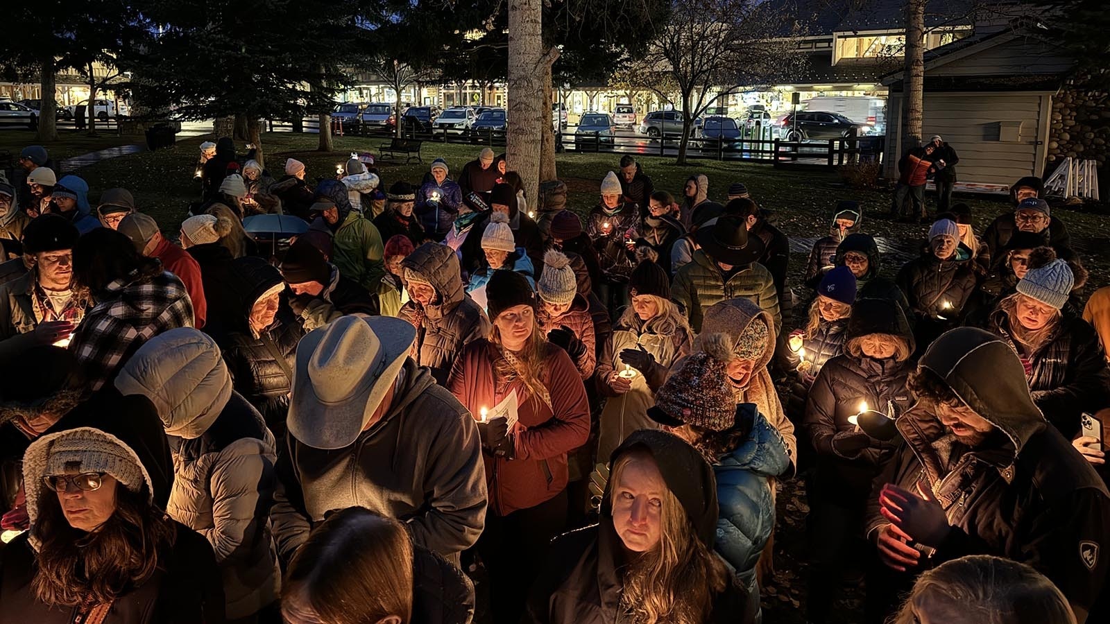 More than 200 people gathered in Public Square in Jackson, Wyoming, on Nov. 2, 2024, for a candlelight vigil and memorial for Grizzly 399, the most famous bear in the world. She was killed when struck by a car Oct. 22.